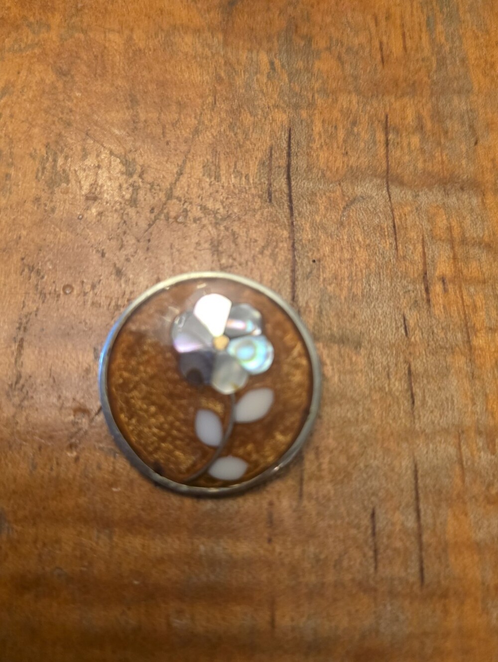 Vintage Alpaca Taxco Mexico round floral brooch W abalone shell Inlay Sterling